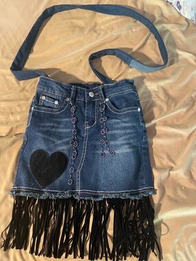 Denim handmade Crossbody Bag with Fringe & Heart Patch